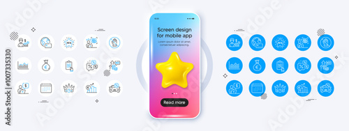Calendar, Car leasing and Euro rate line icons. Phone mockup with 3d star icon. Pack of Internet pay, Bid offer, Crown icon. Business growth, Business person, Discounts chat pictogram. Vector