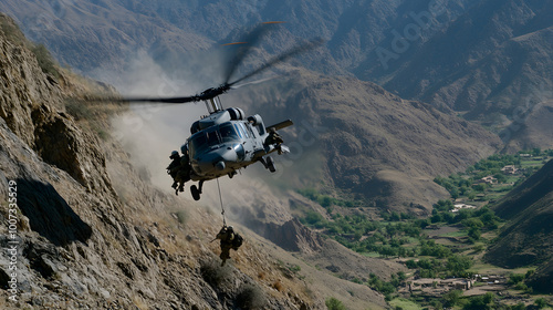 A high-tech helicopter gunship, hovering over a mountainous region, its rotors cutting through the thin air as soldiers rappel down to a rugged, rocky landing zone. Helicopter gunship deploying soldie