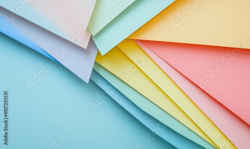 Trendy pastel colors in geometry shape flat lay. Colorful rainbow paper