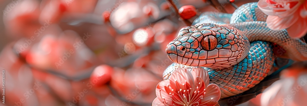 Naklejka premium Bunner with stunning snake among pink blossoms, symbolizing prosperity and protection during the Chinese New Year festivities. Copy space