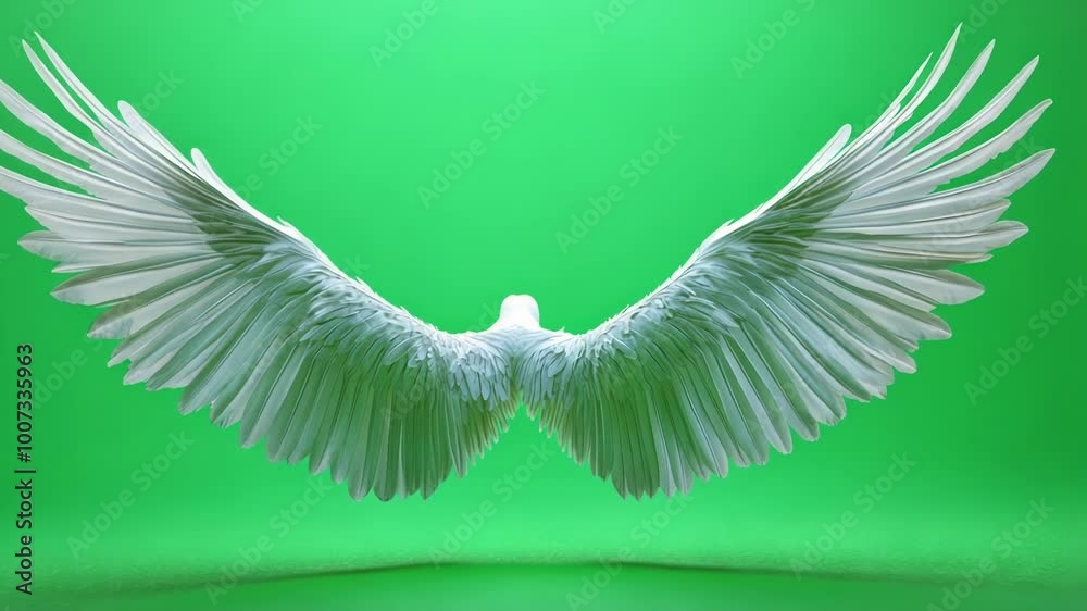 Large white feathered angel wings spread open on a solid green screen background, perfect for compositing into photo or video projects
