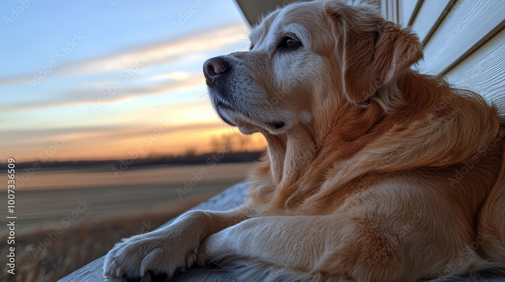 Obraz premium dog resting on a porch, overlooking a peaceful countryside. 