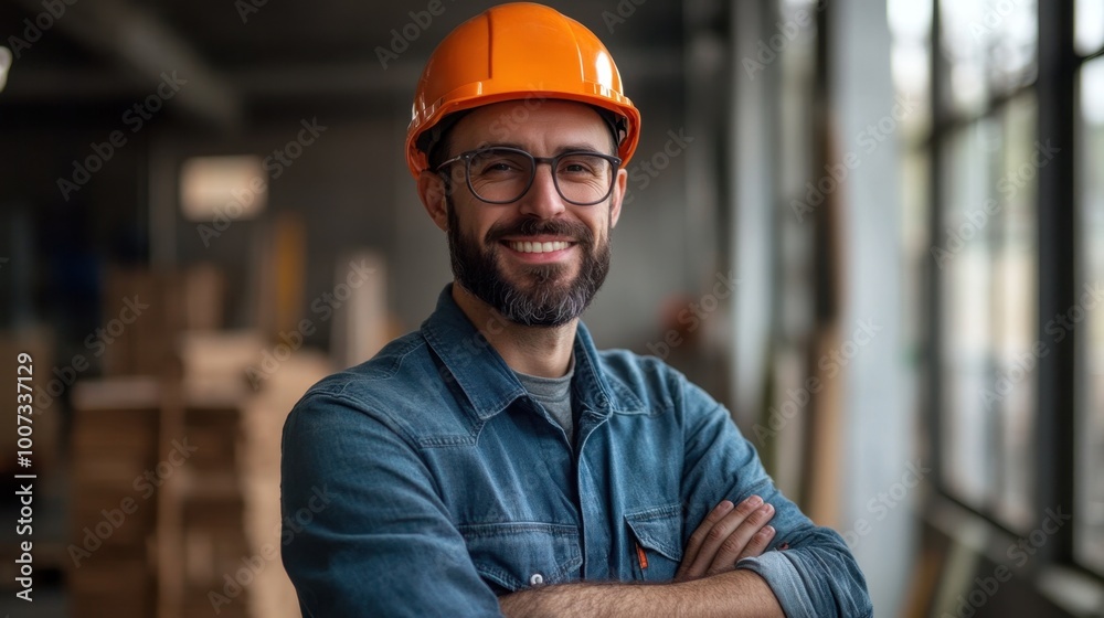 Construction worker in helmet smiling at job site Construction worker in helmet smiling at job site