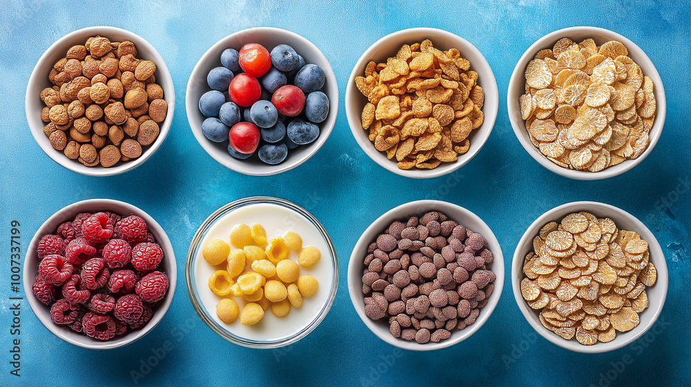 Assortment of bowls with different breakfast cereals, fresh raspberries, blueberries and yogurt arranged on blue background Assortment of bowls with different breakfast cereals, fresh raspberries, blueberries and yogurt arranged on blue background
