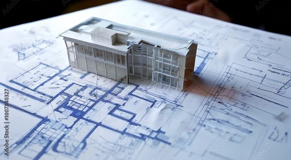 maquete virtual em cima de uma planta baixa em um escritorio de arquitetura