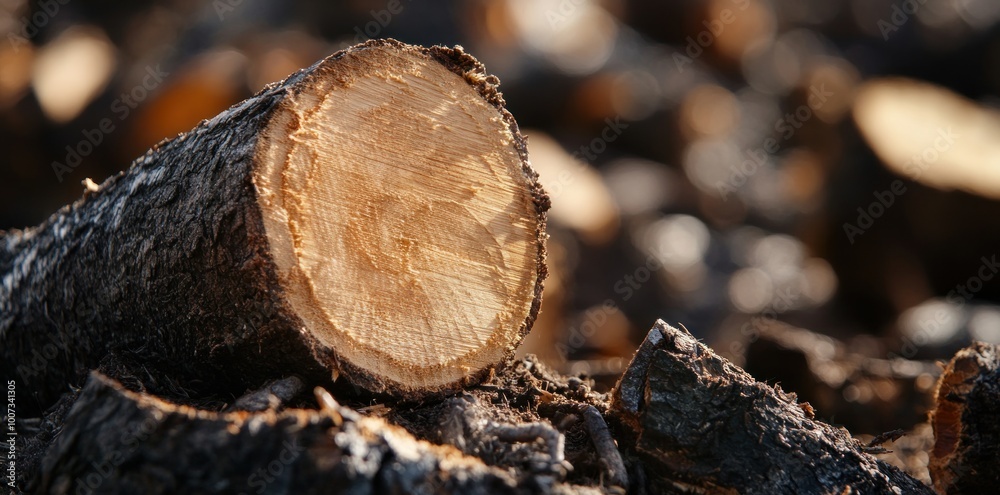 a cut tree in a deforested area with a blurred forest background, depicting the concept of global warming. Concept Environmental Destruction, Impact of Deforestation, Climate Change, Clearcut Forests a cut tree in a deforested area with a blurred forest background, depicting the concept of global warming. Concept Environmental Destruction, Impact of Deforestation, Climate Change, Clearcut Forests
