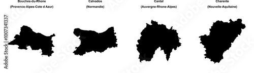 Bouches-du-Rhone, Calvados, Cantal, Charente outline maps