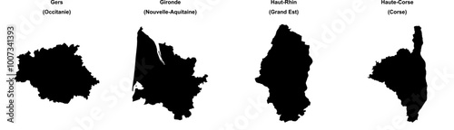 Gers, Gironde, Haut-Rhin, Haute-Corse outline maps