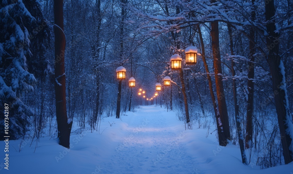 Path through a snowy forest lit by lanterns hanging from the branches ...