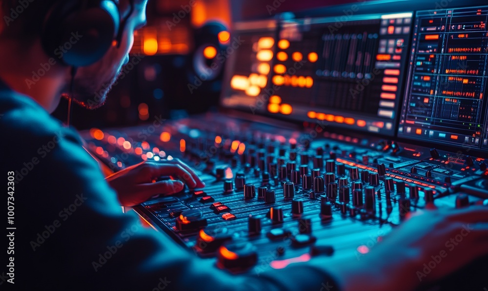 Anonymous music producer with headphones is tuning tracks on a professional mixing console in a studio, illuminated by ambient lights. Anonymous music producer with headphones is tuning tracks on a professional mixing console in a studio, illuminated by ambient lights.