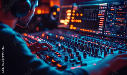 Anonymous music producer with headphones is tuning tracks on a professional mixing console in a studio, illuminated by ambient lights.