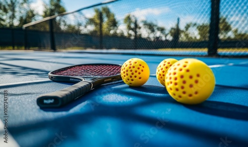 Pickleball paddles and balls on a game court. The sports equipment is ready for game play photo