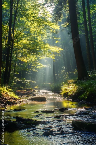 Sunlight shining through trees on a forest creek