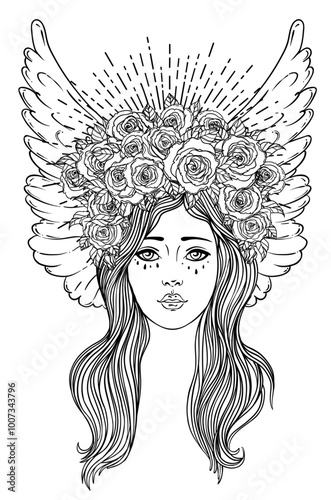 Angel girl with wings, cross, roses and halo. Isolated hand drawn vector illustration. Trendy Vintage style element. Spirituality, occultism, alchemy, magic.