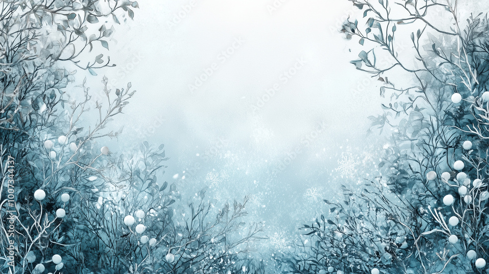 Frosty floral frame with icy blue branches and winter berries Frosty floral frame with icy blue branches and winter berries