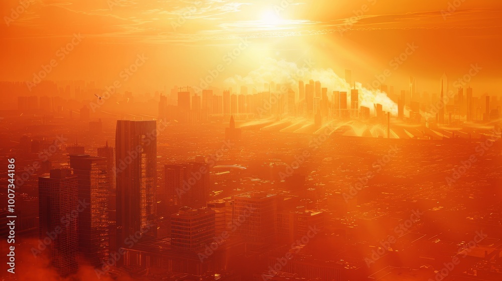 A hazy sunrise casts an orange glow over a city skyline, highlighting the tall buildings and the distant smoke plumes. A hazy sunrise casts an orange glow over a city skyline, highlighting the tall buildings and the distant smoke plumes.