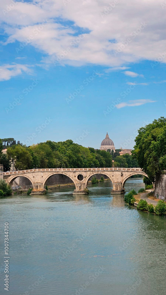 View of a roman bridge crossing the Tiber river in Rome View of a roman bridge crossing the Tiber river in Rome