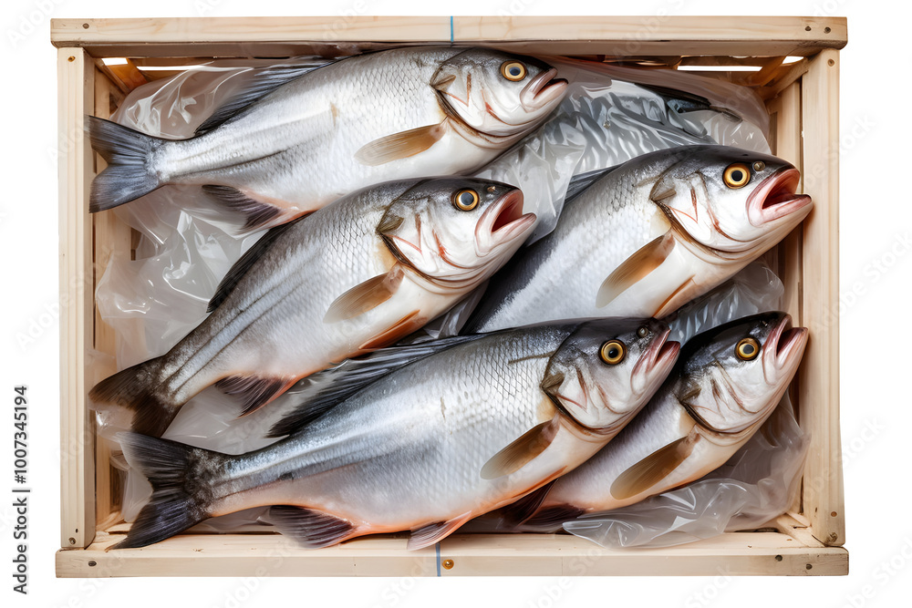 Obraz premium A freshly caught fish packed in plastic and a wooden crate, isolated on a transparent or white background.