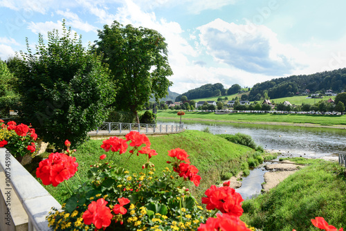 View of village with river ...