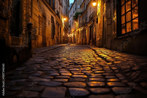 A cobblestone street with a red sign on the left, generative ai image