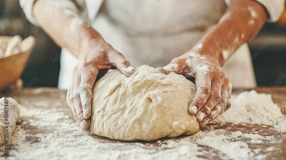 A man kneading bread dough on a table covered with white flour A man kneading bread dough on a table covered with white flour