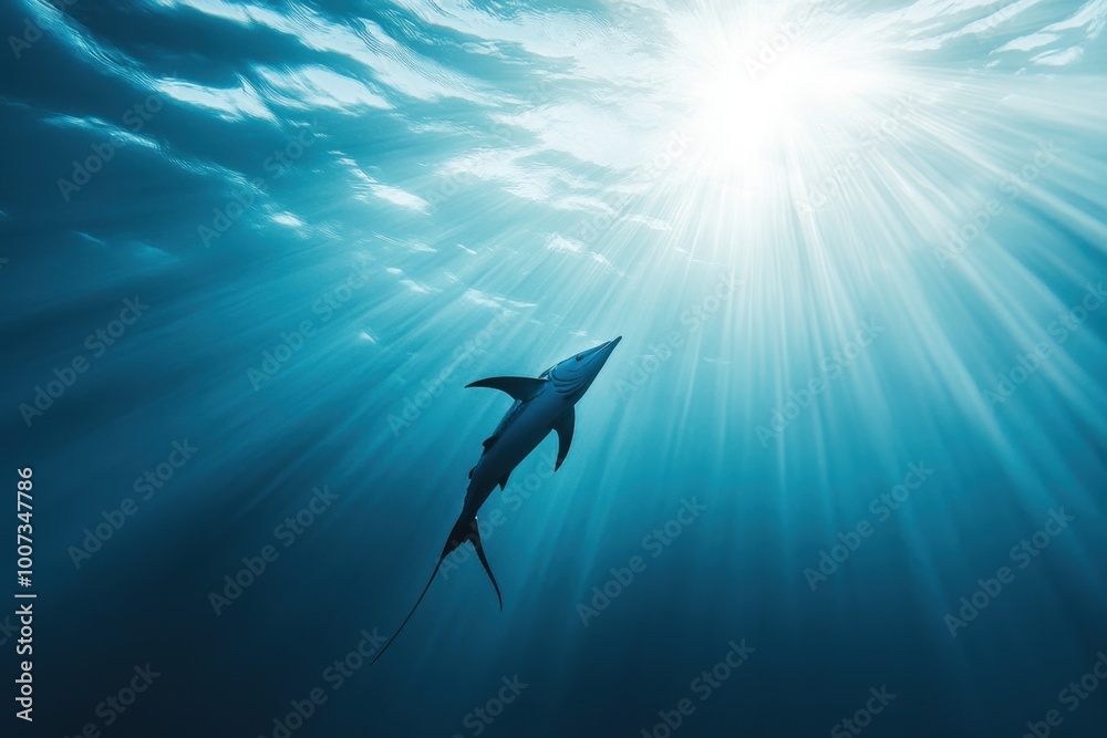 Obraz premium Shark swimming upward in bright ocean waters