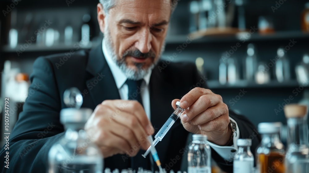 A man dressed in a suit meticulously preparing a syringe within a laboratory, symbolizing professionalism and precision among scientific tools and equipment. A man dressed in a suit meticulously preparing a syringe within a laboratory, symbolizing professionalism and precision among scientific tools and equipment.