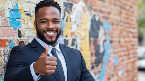 Smiling businessman in a suit gives a thumbs-up, standing by a vintage brick wall adorned with graffiti, reflecting a blend of professionalism and urban flair. photo