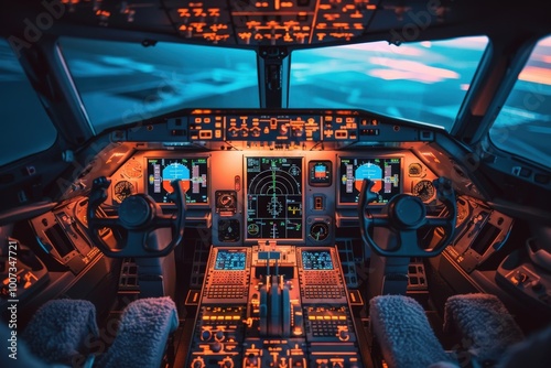 The cockpit of an airplane is lit up with a warm glow, generative ai image