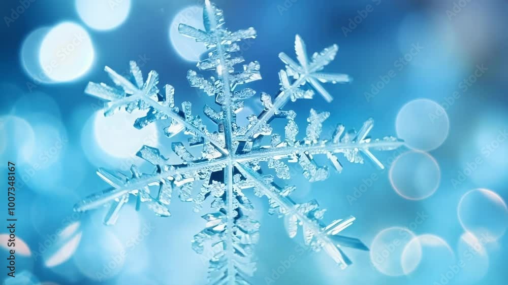 Stunning snowflake crystal sparkles up close against a soft blue backdrop with bokeh lights. Capturing winter's beauty in intricate detail. Perfect for adding seasonal magic to designs or projects