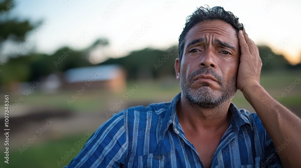 A middle-aged man wearing a striped shirt, looking pensive while seated outdoors on a sunny day, perhaps contemplating or reflecting on life. A middle-aged man wearing a striped shirt, looking pensive while seated outdoors on a sunny day, perhaps contemplating or reflecting on life.