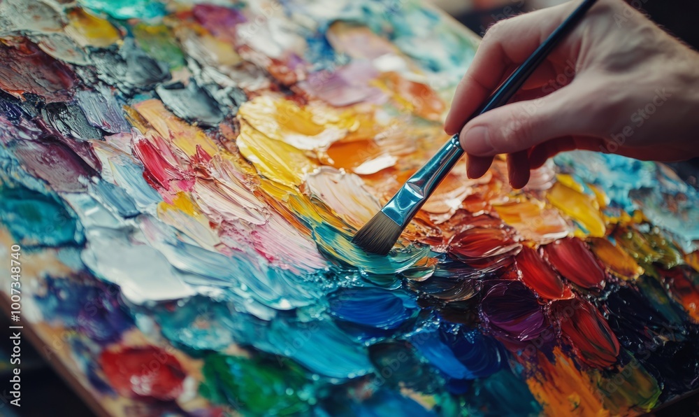 The artist mixes bright colors of paints on the palette during a creative session The artist mixes bright colors of paints on the palette during a creative session