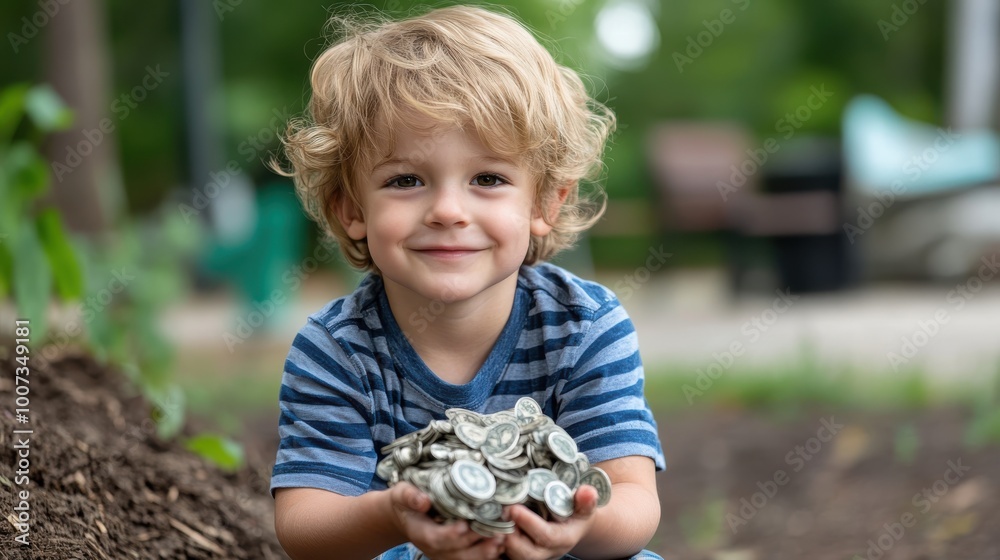 A smiling child sits outdoors, holding a pile of shiny silver coins in his hands, illustrating youth and the joy of discovering newfound treasures. A smiling child sits outdoors, holding a pile of shiny silver coins in his hands, illustrating youth and the joy of discovering newfound treasures.