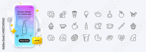 Espresso, Food delivery and Love coffee line icons for web app. Phone mockup gradient screen. Pack of Bread, Cake, Soy nut pictogram icons. Pasta, Pecan nut, Cognac bottle signs. Vector