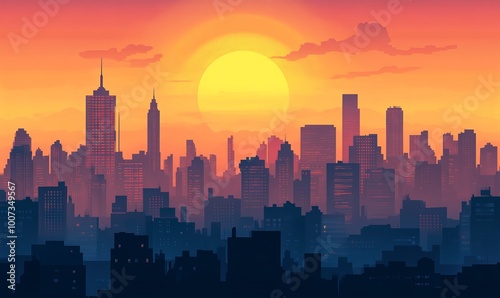 City skyline at sunset illustration