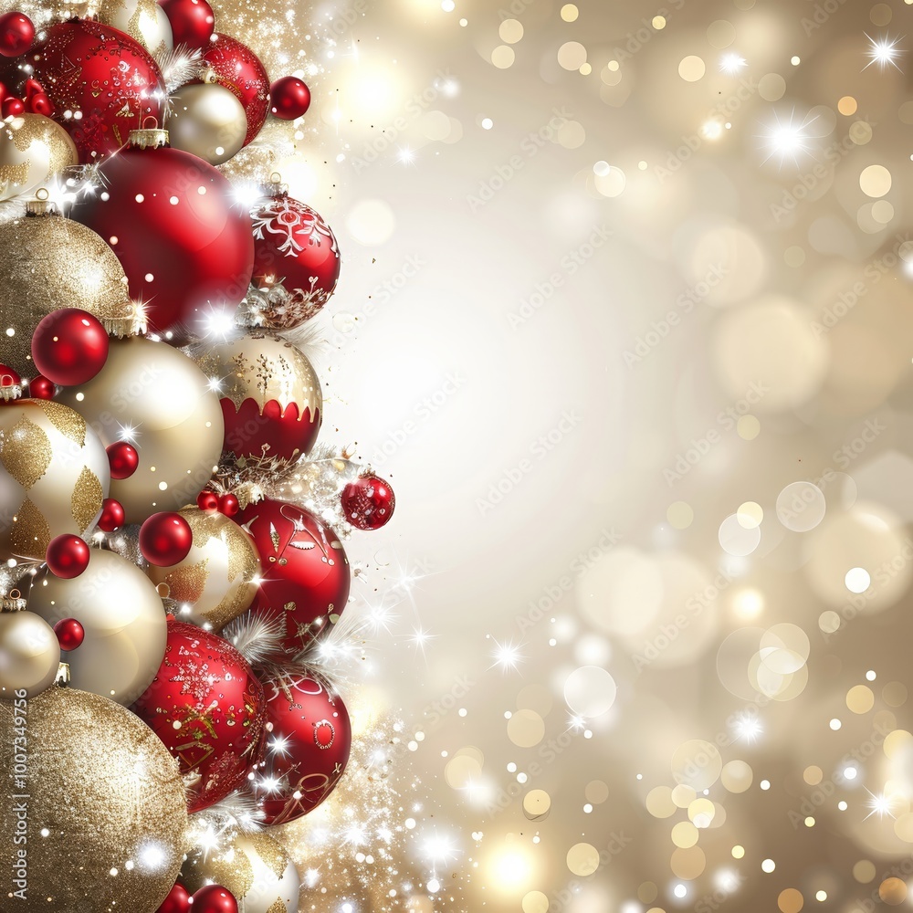 A collection of vibrant red and shimmering gold Christmas ornaments adorns a holiday backdrop. The warm glow creates a joyful atmosphere perfect for celebrating the festive season. Copy space