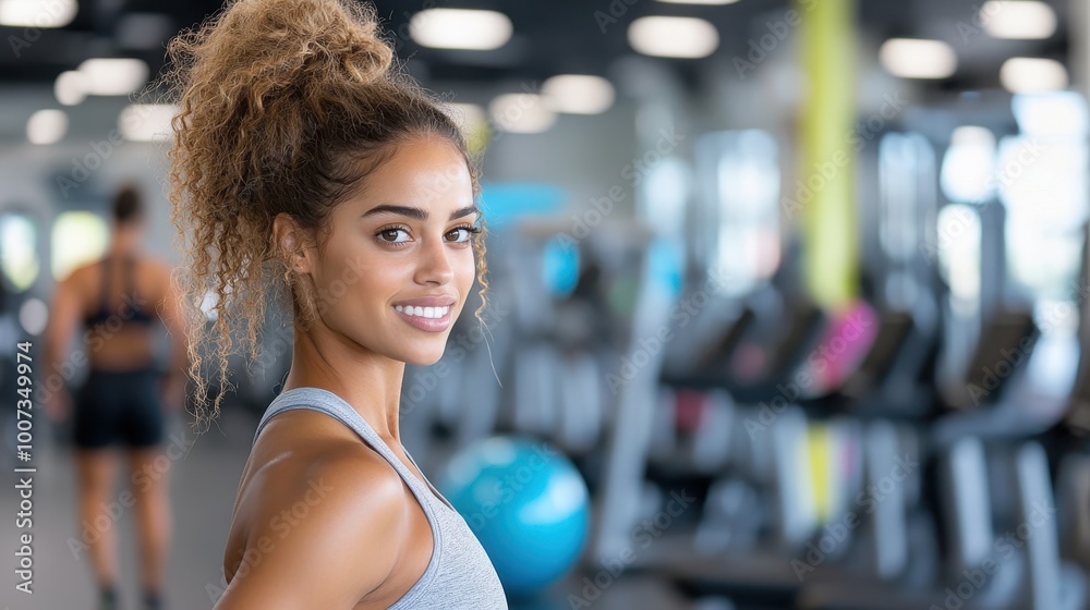 A woman in a bright yellow top smiles joyfully while posed in a fitness center, surrounded by exercise machines, representing vitality, joy, and well-being. A woman in a bright yellow top smiles joyfully while posed in a fitness center, surrounded by exercise machines, representing vitality, joy, and well-being.