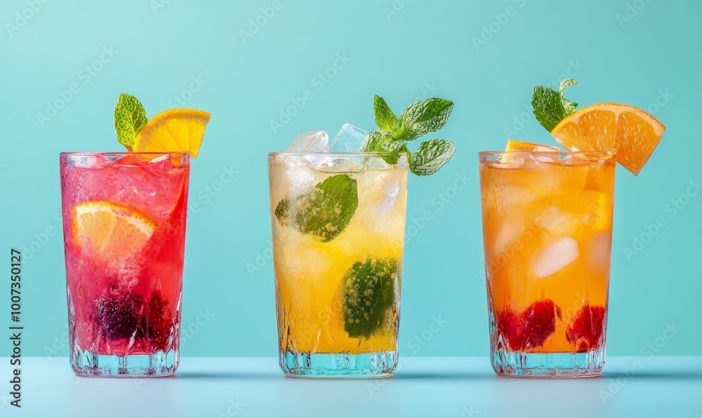 three kinds of colorful summer cocktails in glasses three kinds of colorful summer cocktails in glasses