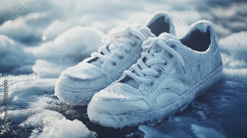 Frozen White Sneakers on Icy Surface with Frost and Ice Crystals in Cold Winter Scene photo