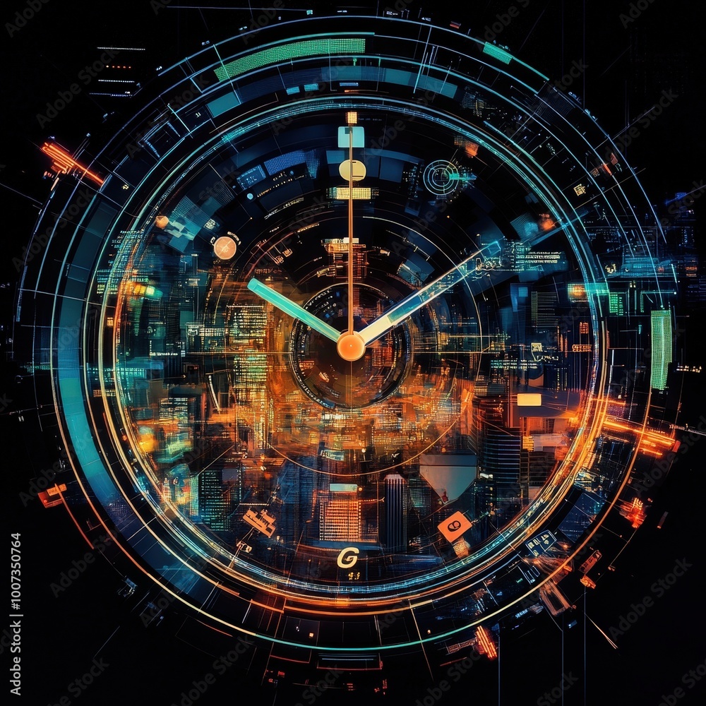 Futuristic Digital Clock with Cityscape Details and Technological Interface in Neon Colors Futuristic Digital Clock with Cityscape Details and Technological Interface in Neon Colors