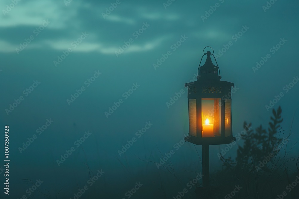 Lantern glowing under a starry sky with clouds, copy space for text Lantern glowing under a starry sky with clouds, copy space for text