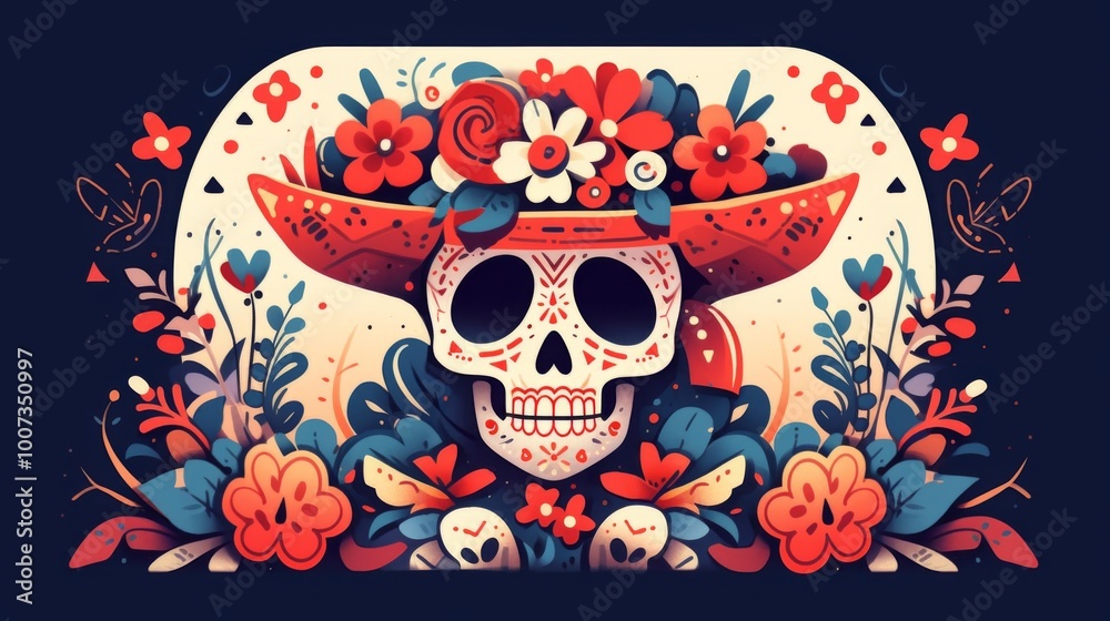 Dia de los muertos greeting card festive design vector illustration. Mexican day of dead banner with skull in sombrero and maracas with floral composition flat style concept