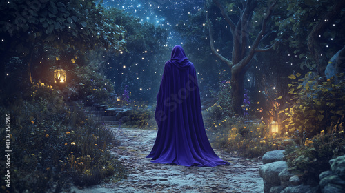 Mysterious Halloween Sorceress with Striking Purple Cloak and Potion Bottles in an Enchanted Forest Under Starry Sky 