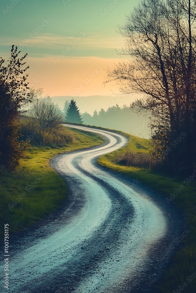 Fototapeta premium Winding Country Road Through Misty Forest at Sunrise