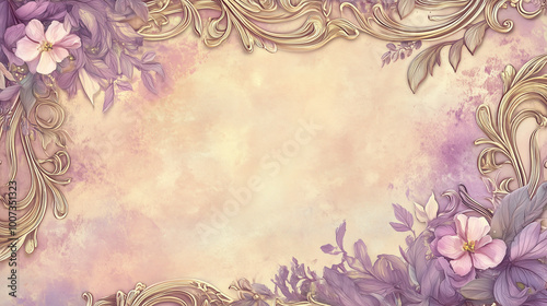 Ornate floral frame with golden swirls and pastel blossoms