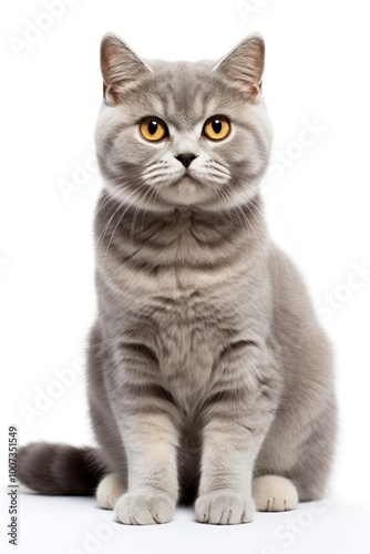 A cat sitting on white background looking at the camera.