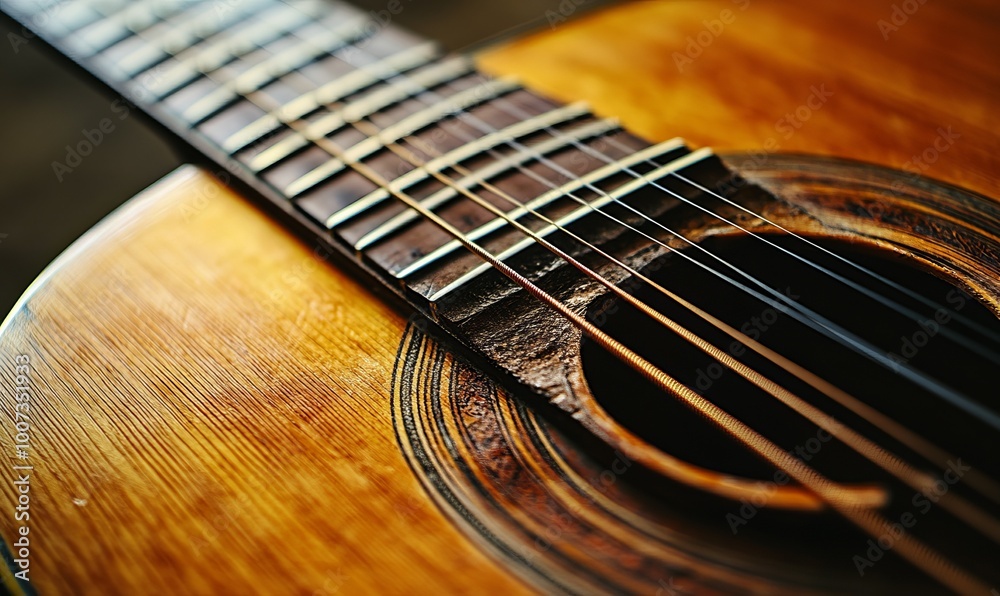 Fototapeta premium Close-up of the guitar and strings with shallow depth of field, soft focusing