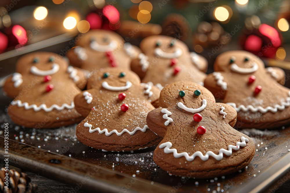 A tray filled with festive gingerbread cookies shaped like cheerful men, decorated with icing and colorful candies. The scene is enhanced by twinkling lights and holiday ornaments.