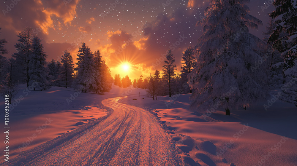 Serene Winter Night Landscape SnowCovered Forest and Road Under Stars at Sunset Happy New Year Concept Serene Winter Night Landscape SnowCovered Forest and Road Under Stars at Sunset Happy New Year Concept