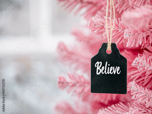 A surreal pink Christmas tree that whispers the message "believe" in a magical winter wonderland